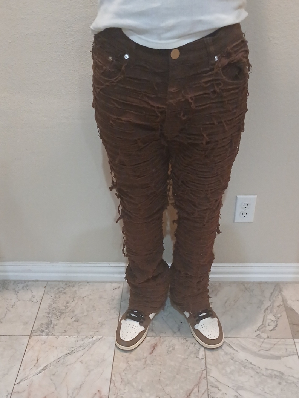 Brown Distressed Fringe Jeans